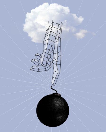 Illustration of a wireframe hand reaching down from a cloud to ignite a spherical bomb's wick.