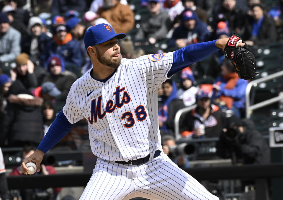 New York Mets pitcher Tylor Megill (38) delivers the ball to the San Francisco Giants during the first inning of the first game of a baseball double-header Tuesday, April 19, 2022, in New York. (AP Photo/Bill Kostroun)