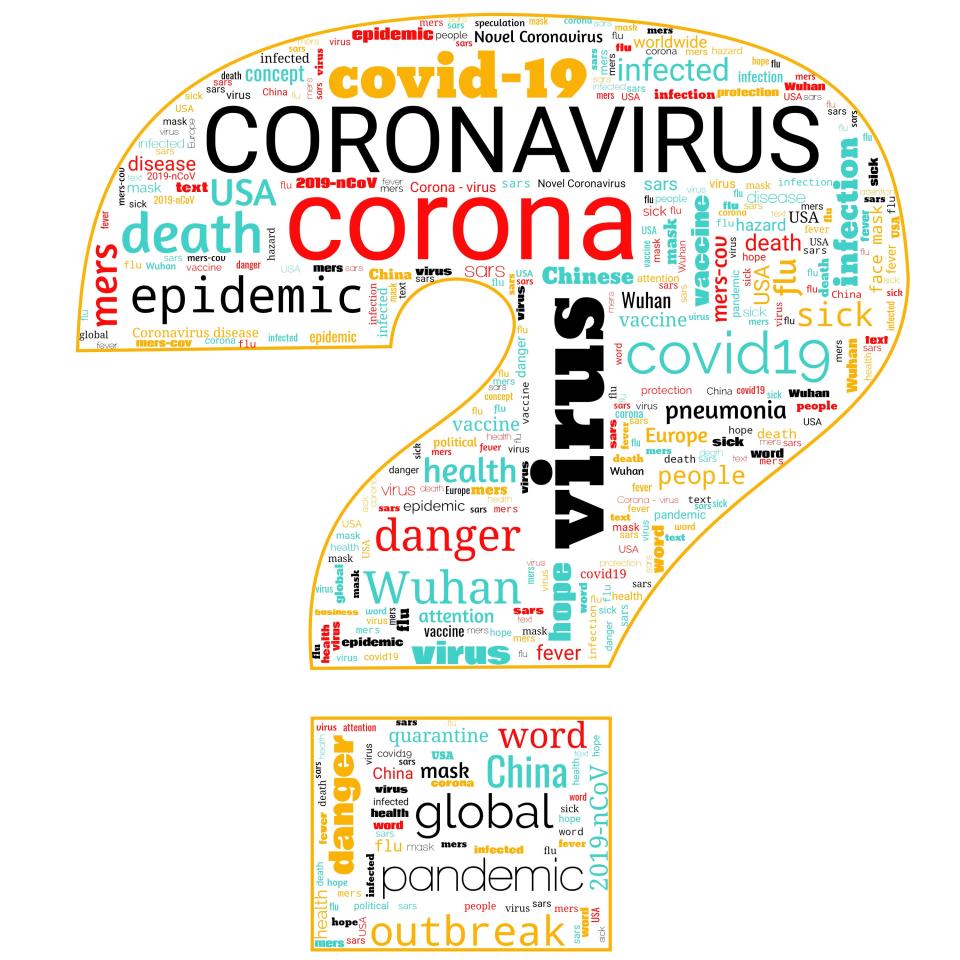 Word Cloud on theme Coronavirus Outbreak in shape of question mark on white background. Abstract concept Coronavirus disease COVID-19