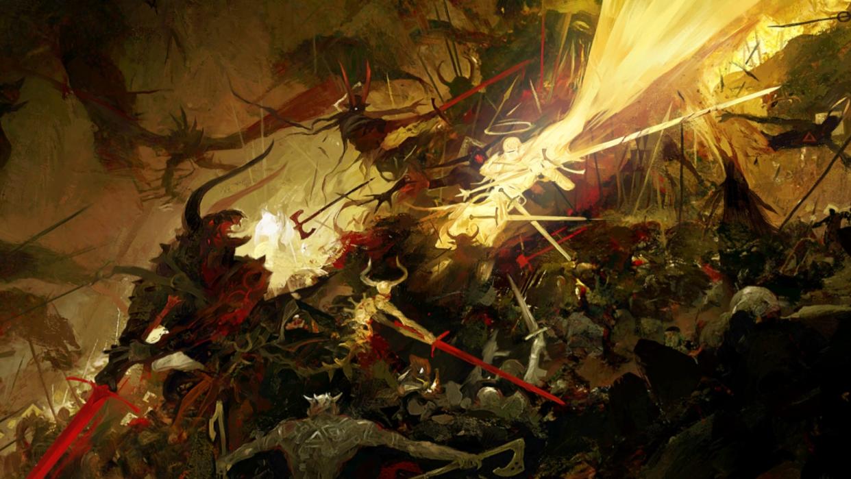  A paladin fights a legion of demons. 