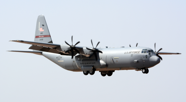 A Lockheed Martin (LMT) C-130J Super Hercules of the United States Air Force performing at Aero India 2017.