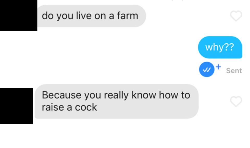 a guy saying "do you live on a farm? Because you really know how to raise a cock"