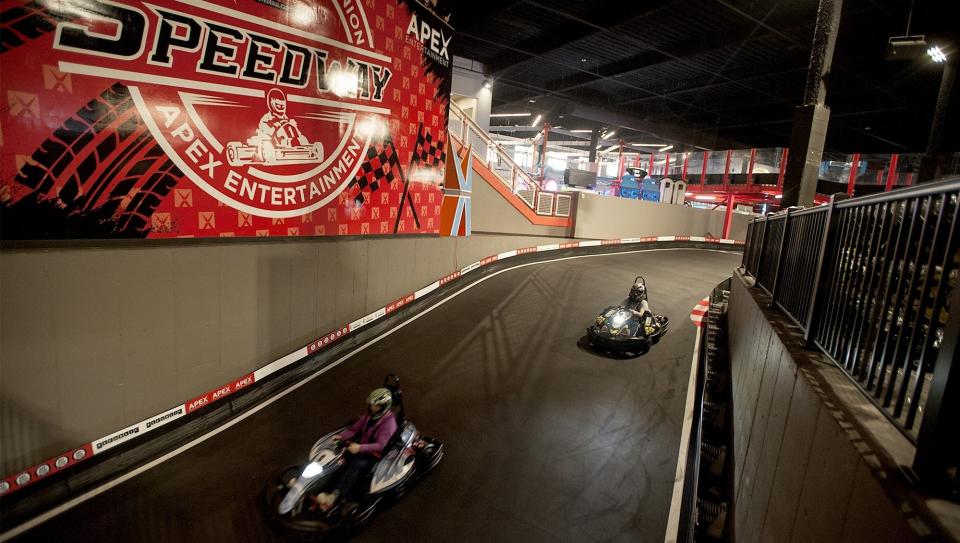 Go-karts race on the Speedway at the Apex Entertainment Center in Marlborough.