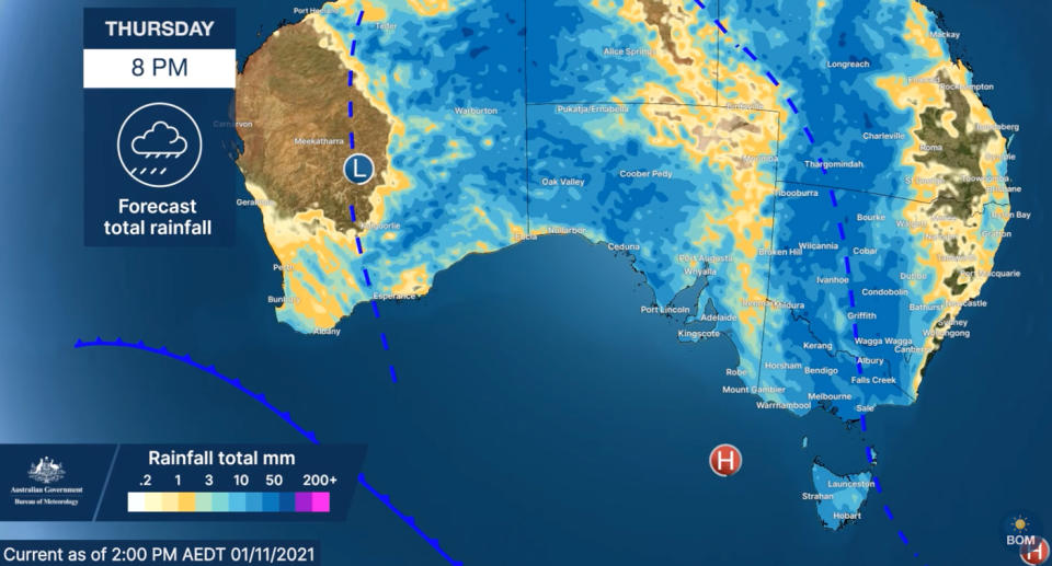 A Bureau of Meteorology map showing Thursday's rainfall forecast for 8pm as of November 1, 2021.