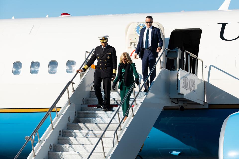 First lady Jill Biden arrives with U.S. Surgeon General Dr. Vivek H. Murthy at Signature Aviation SLC in Salt Lake City on Tuesday, Jan. 16, 2024. | Megan Nielsen, Deseret News