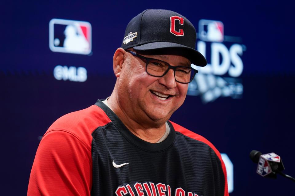 Cleveland Guardians manager Terry Francona speaks to reporters before Game 2 of an American League Division Series baseball game at Yankee Stadium, Friday, Oct. 14, 2022, in New York. (AP Photo/Seth Wenig)