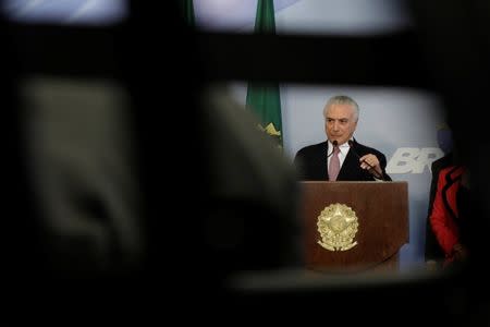 Brazilian President Michel Temer speaks during a press statement at Planalto Palace in Brasilia, Brazil June 27, 2017. REUTERS/Ueslei Marcelino