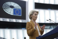 European Commission President Ursula von der Leyen delivers her speech at European Parliament in Strasbourg, eastern France, Tuesday, Feb. 6, 2024. The European Union’s executive shelved its anti-pesticides proposal Tuesday in yet another concession to farmers after weeks of protests blocked major capitals and economic lifelines across the 27-nation bloc. (AP Photo/Jean-Francois Badias)