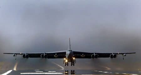 A U.S. Air Force B-52 bomber takes off from RAF Fairford in Gloucestershire, England, in this file photo taken March 23, 2003. REUTERS/DarrenStaples/Files