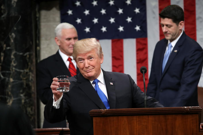 <p>Trump gestures before delivering the State of the Union address to a joint session of Congress on Jan. 30. (Photo: Win McNamee/Pool via Bloomberg) </p>