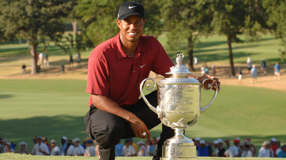 Tiger Woods with the trophy after winning the 2007 PGA Championship at Southern Hills