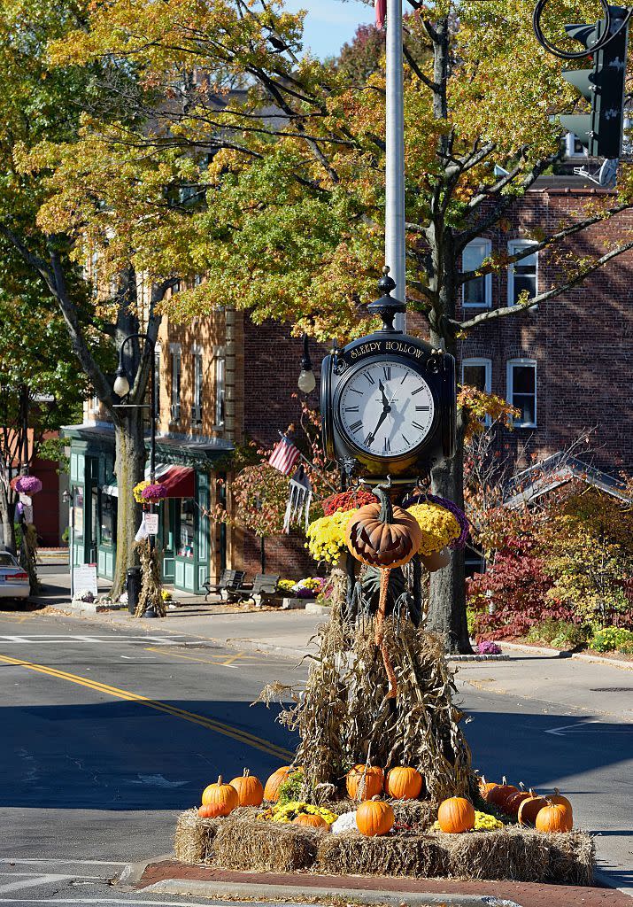 town clock with autumn decorations