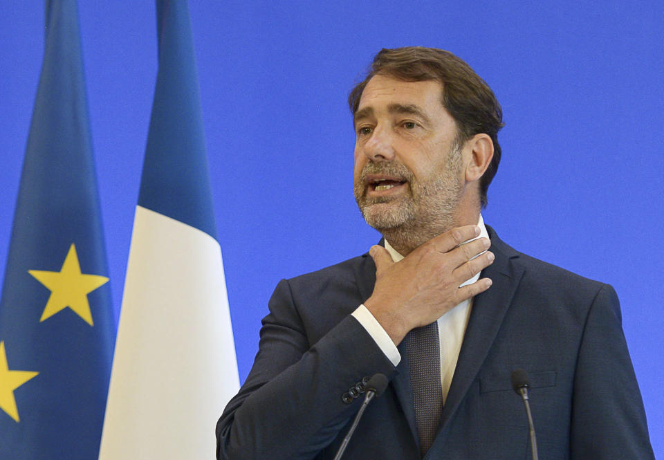 French Interior Minister Christophe Castaner, gestures during a media conference in Paris, Monday, June 8, 2020. French Interior Minister Christophe Castaner said police will no longer conduct chokeholds that have been blamed for multiple cases of asphyxiation and have come under renewed criticism after George Floyd's death in the United States. (Isa Harsin/Pool Photo via AP)