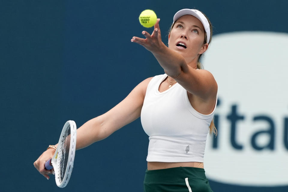 Danielle Collins serves to Elena Rybakina, of Kazakhstan, during the women's singles final of the Miami Open tennis tournament, Saturday, March 30, 2024, in Miami Gardens, Fla. (AP Photo/Lynne Sladky)