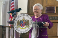 Alabama Gov Kay Ivey announces that a statewide mask order will be extended through Oct. 2, 2020 during a press conference at the Alabama Capitol in Montgomery, Ala., on Thursday, Aug. 27, 2020. Ivey said the state is seeing a drop in COVID-19 cases and that the requirement to wear masks will keep the numbers moving downward. (Kim Chandler/Associated Press)
