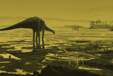 An artist's impression of Sauropod dinosaurs on the Isle of Skye in this undated handout photo provided by the University of Edinburgh in Edinburgh, Scotland, December 1, 2015. REUTERS/Jon Hoad/University of Edinburgh/Handout via Reuters