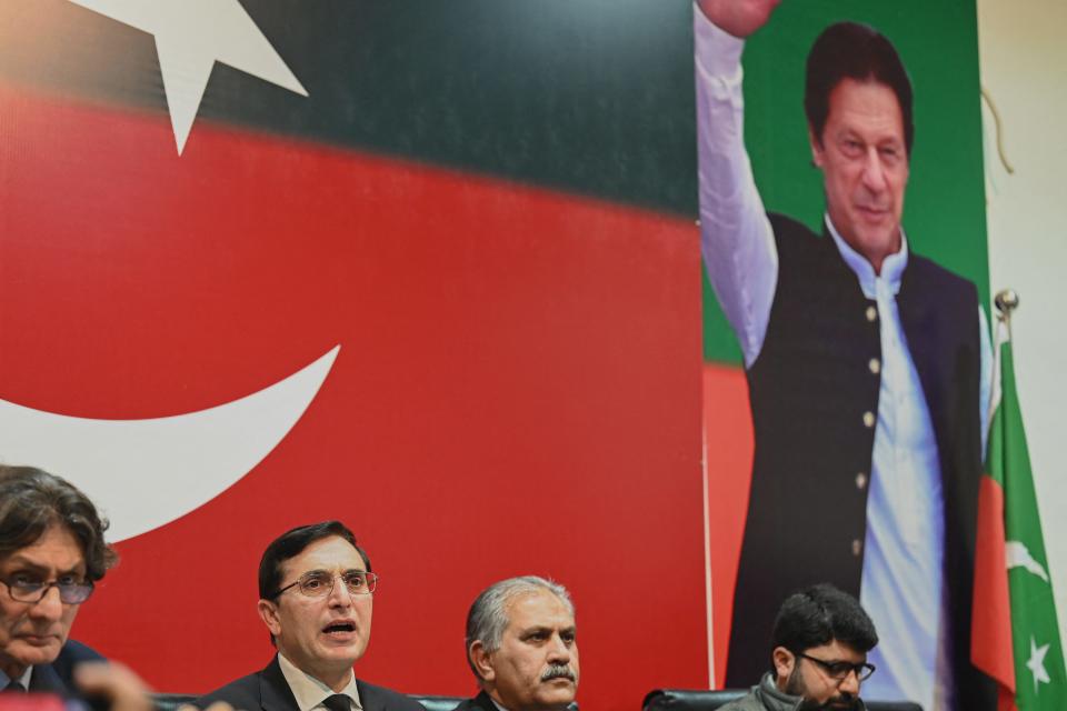 Pakistan Tehreek-e-Insaf (PTI) leaders speaks during a press conference in Islamabad on January 4, 2024.