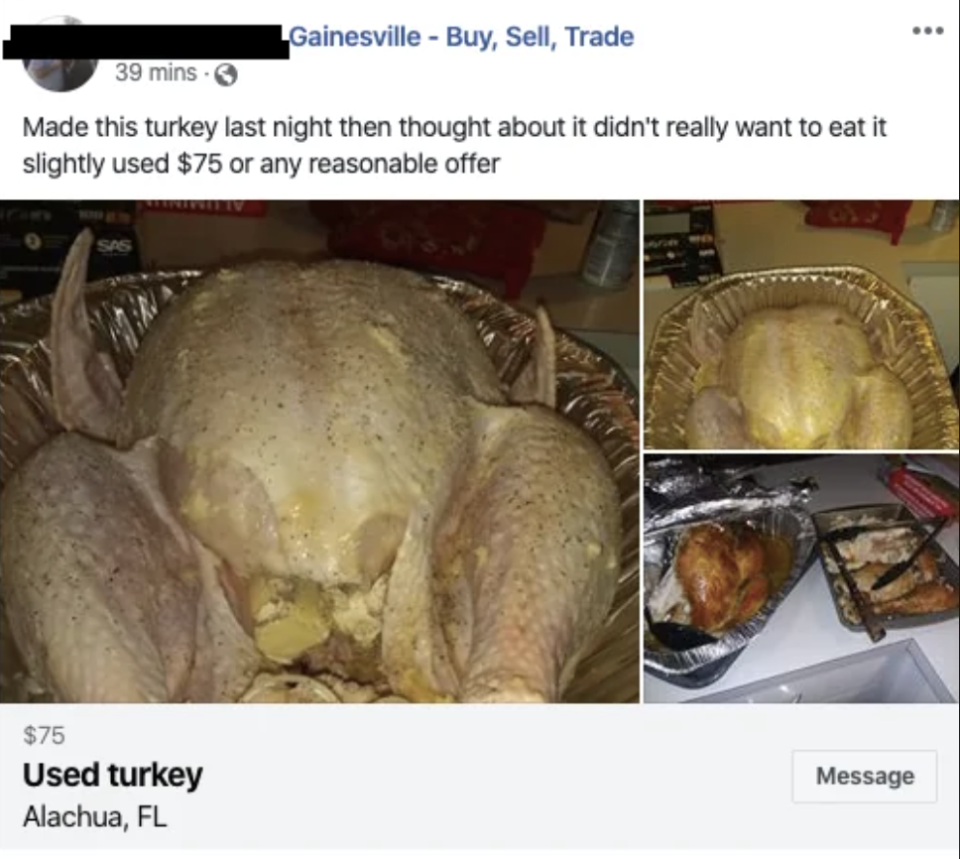 Facebook post in Gainesville's Buy, Sell, Trade group features images of a cooked turkey for sale, described as slightly used for $75 or best offer