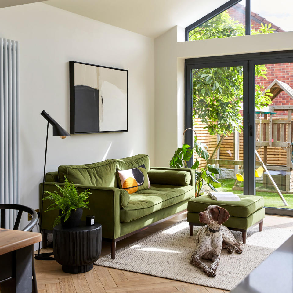 Living area in extension with bi-fold doors to the garden, green sofa and large dog on rug