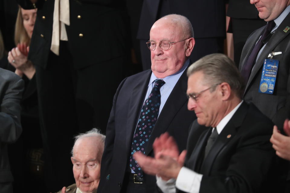 FILE - Holocaust survivor Judah Samet who was in the Tree of Life parking lot in Pittsburgh during the shooting in the synagogue, attends President Donald Trump's State of the Union address to a joint session of Congress on Capitol Hill in Washington, on Feb. 5, 2019. Samet, a Holocaust survivor who narrowly escaped a shooting rampage at a Pittsburgh synagogue in 2018, died Tuesday, Sept. 27, 2022. He was 84. (AP Photo/Andrew Harnik, File)