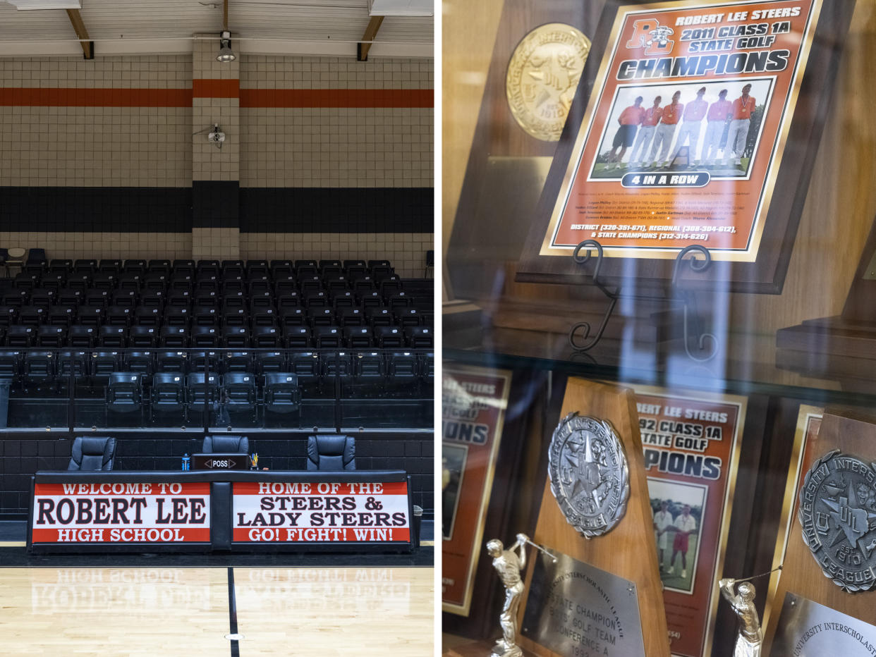 Robert Lee ISD’s trophy case boasts a number of awards and state championships in golf and basketball. (Matthew Busch for NBC News)