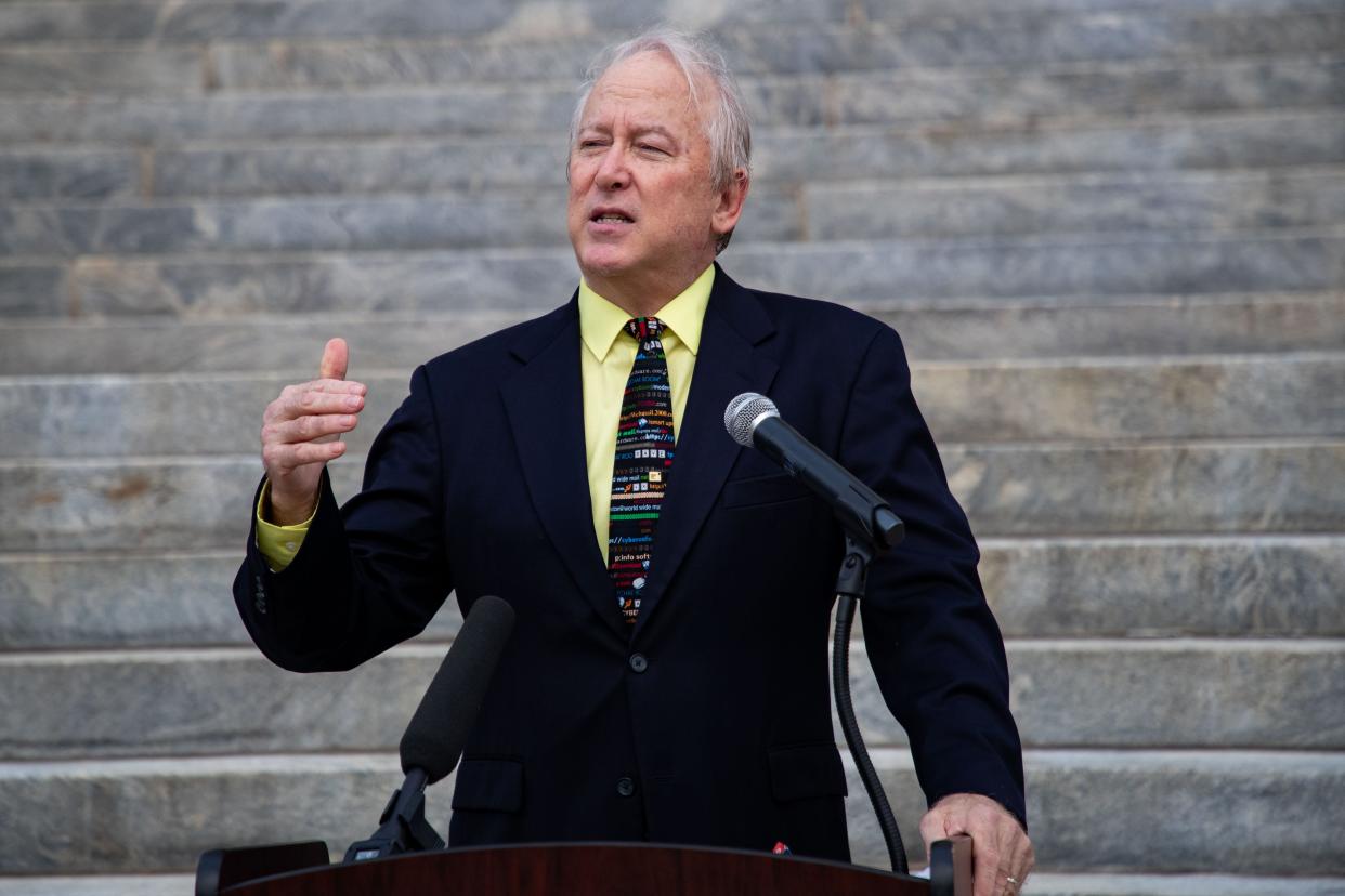 Jeff Griggs speaks at a press conference for the launch of a website with mental health resources and warnings about violent video games and addiction on steps of the Historic Capitol on Monday, June 12, 2023. 