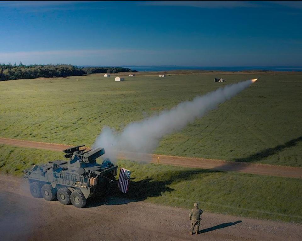 A Stinger missile launches from the new Maneuver Short Range Air Defense system on Oct. 7, 2021