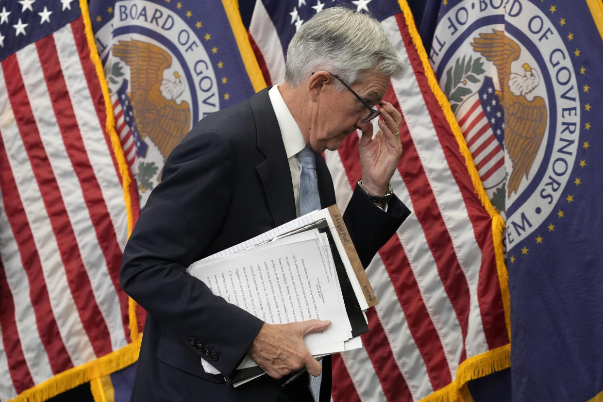 File - Federal Reserve Board Chair Jerome Powell walks from the podium after speaking at a news conference at the Federal Reserve, Wednesday, March 22, 2023, in Washington. The Federal Reserve is on track to raise its benchmark interest rate for the 10th time on Wednesday, the latest step in its yearlong effort to curb inflation with the fastest pace of hikes in four decades.(AP Photo/Alex Brandon, File)