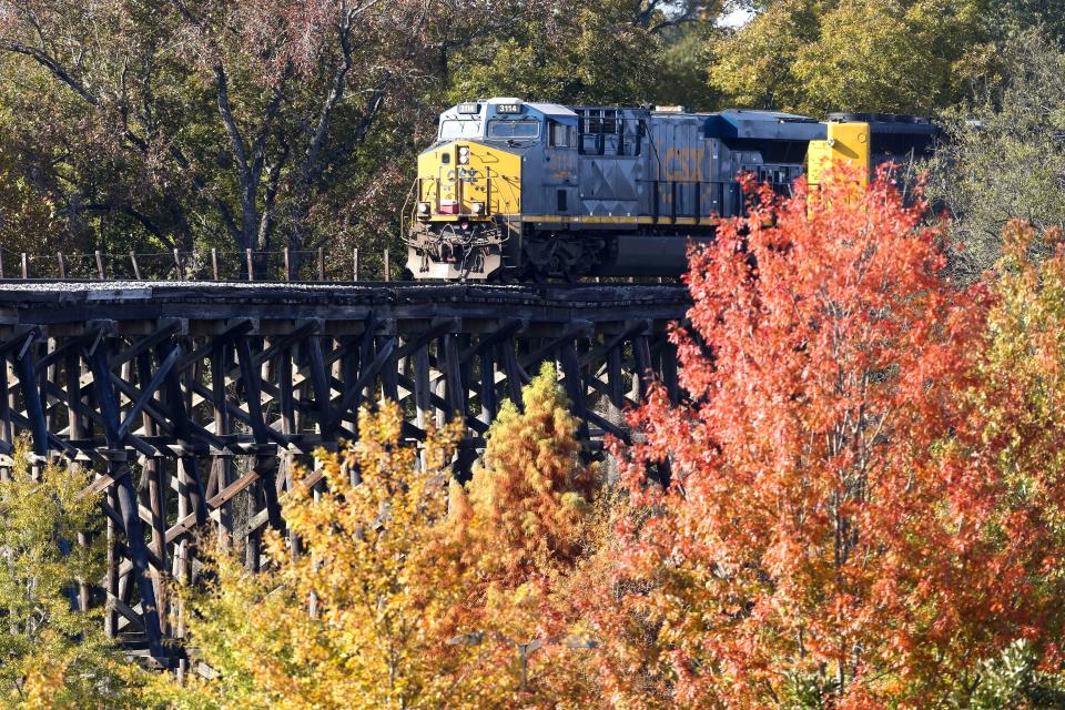 A CSX locomotive moves across the trestle over the Black Warrior River in Tuscaloosa with a bit of fall color framing its path Tuesday, Nov. 20, 2018.