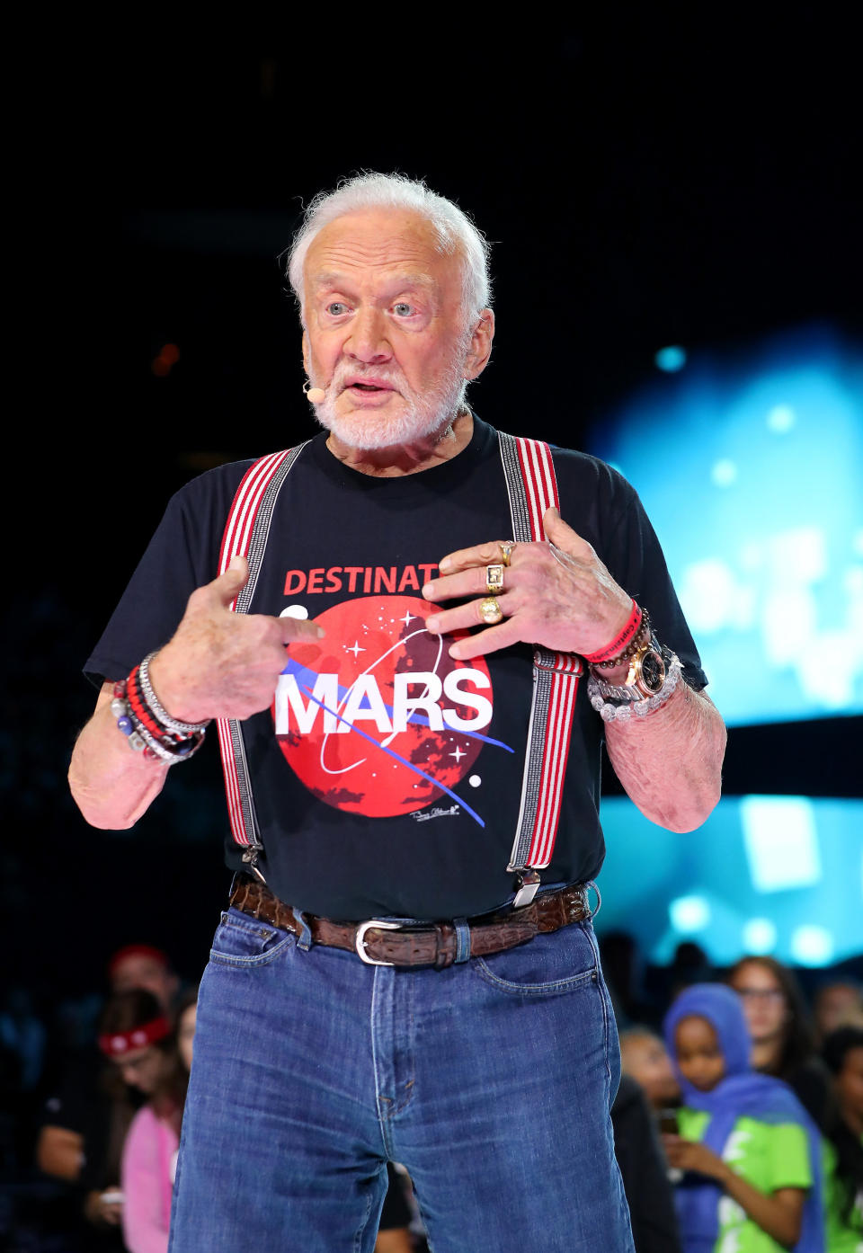 Buzz Aldrin speaks during WE Day Minnesota at Xcel Energy Center on Sept. 20, 2016, in St Paul, Minnesota.