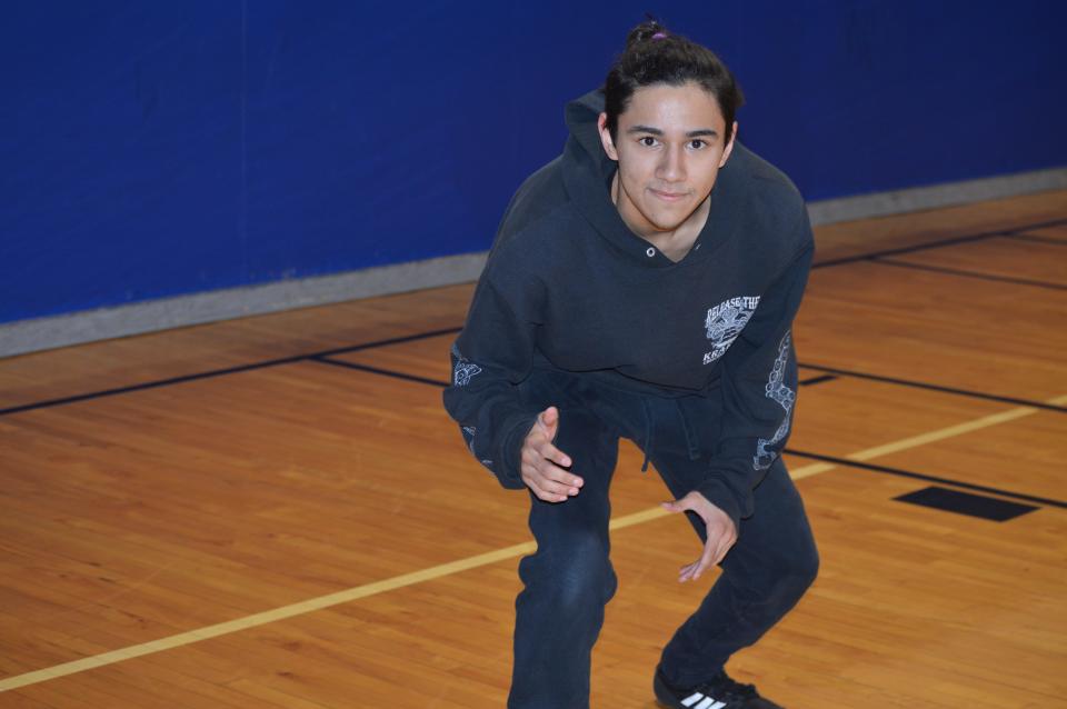 U-Prep senior 115-pound wrestler Adrian Nasise sets up in a wrestling stance during practice at his school on Thursday, Jan. 6, 2022