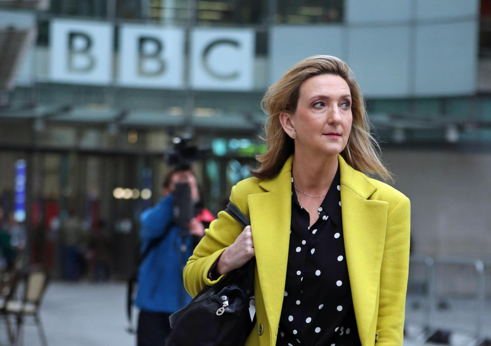 Presenter Victoria Derbyshire leaves BBC Broadcasting House in London, after it was announced that her TV programme is being taken off air. (Photo by Yui Mok/PA Images via Getty Images)