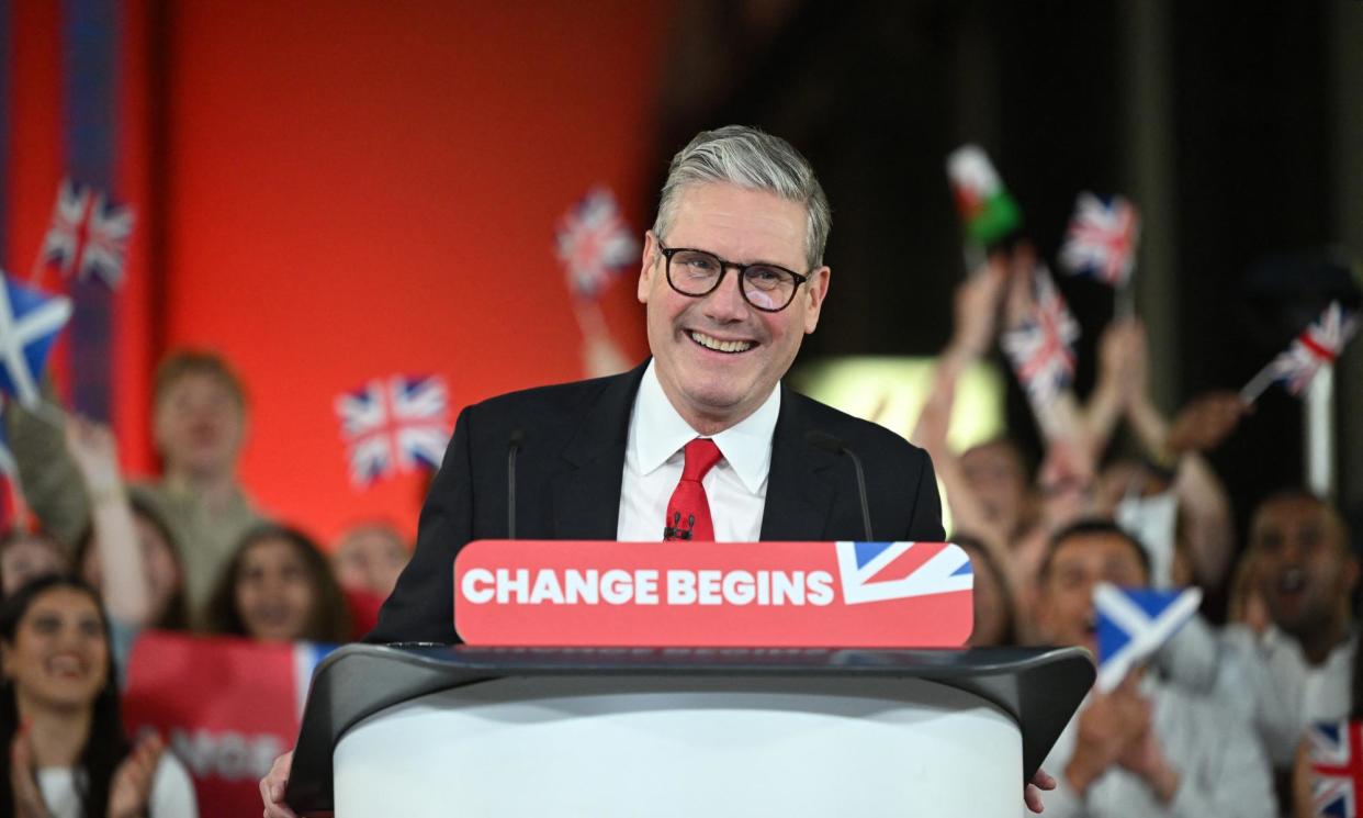 <span>Keir Starmer delivers a speech as the UK's Labour party swept to power after winning the country's general election.</span><span>Photograph: Justin Tallis/AFP/Getty Images</span>