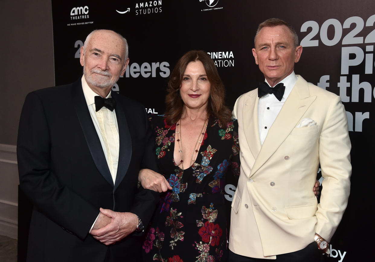 (L to R) Michael G. Wilson, Barbara Broccoli and Daniel Craig attend Will Rogers Motion Picture Pioneers Foundation’s 2022 Pioneer Dinner. (Photo by Alberto E. Rodriguez/Getty Images,)