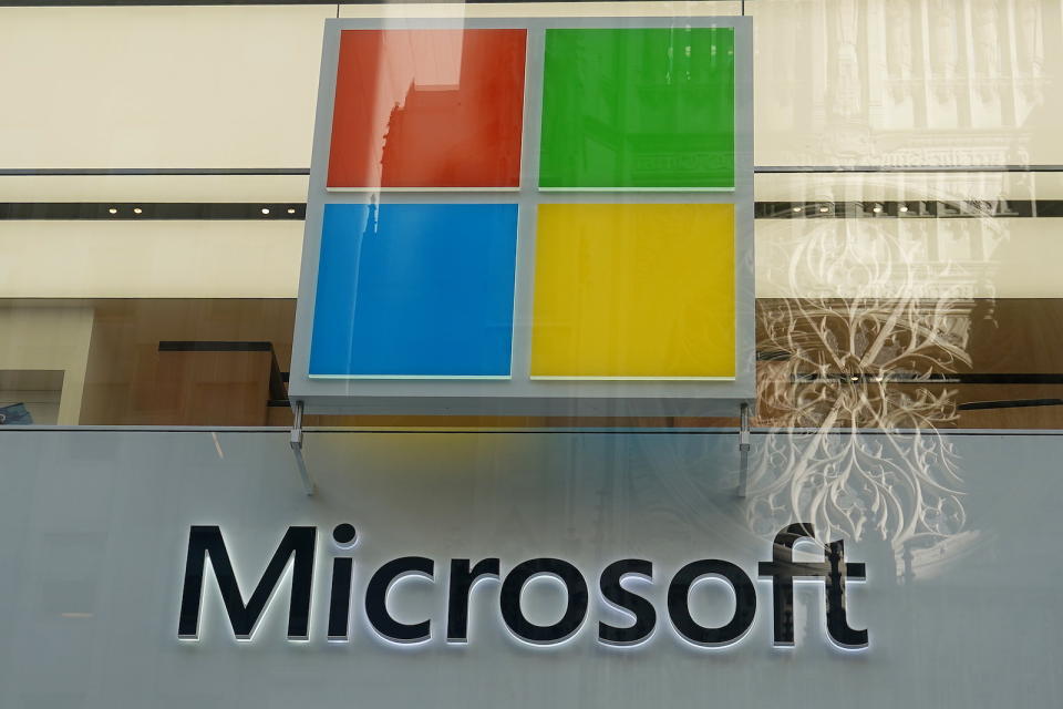 A Microsoft logo is pictured on a store in the Manhattan borough of New York City, New York, U.S., January  25, 2021. REUTERS/Carlo Allegri - RC26FL9YFO9Q