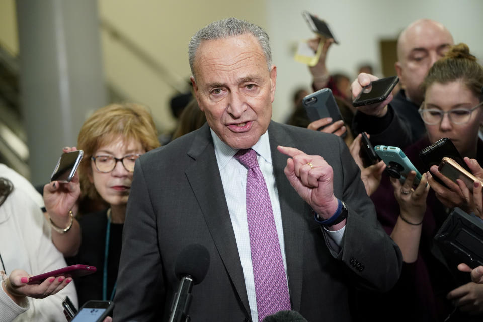 Senate Minority Leader Schumer talks to reporters during break in Trump impeachment trial on Capitol Hill in Washington