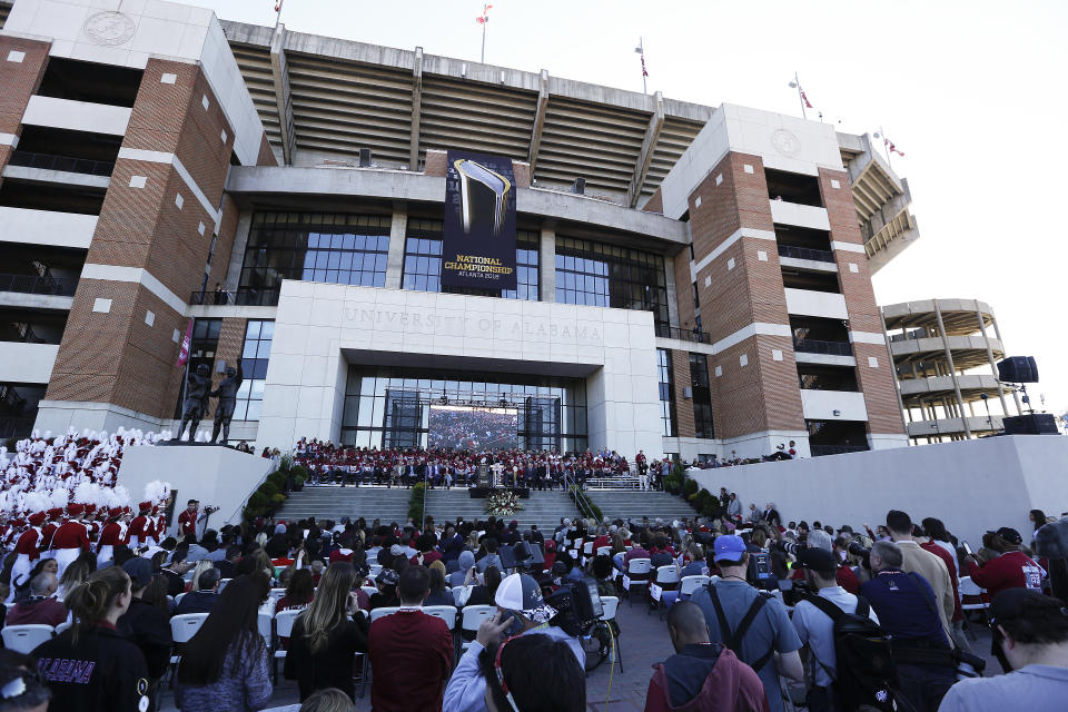 Bryant–Denny Stadium is seen during the presention of the National Championship trophy during the NCAA college football championship celebration, Saturday, Jan. 20, 2018, in Tuscaloosa, Ala. Alabama won the national championship game against Georgia 26-23 in overtime. (AP Photo/Brynn Anderson)