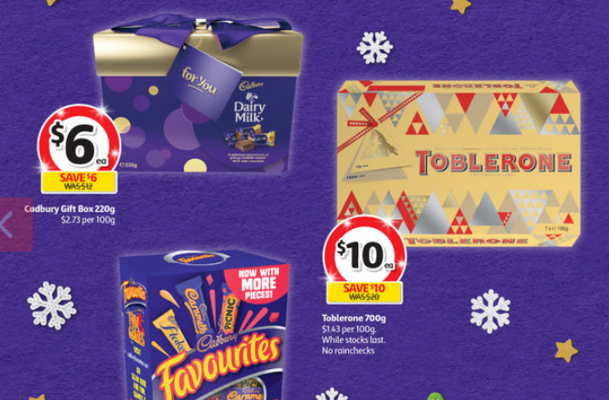 Cadbury and Toblerone chocolates selling at half-price at Coles.