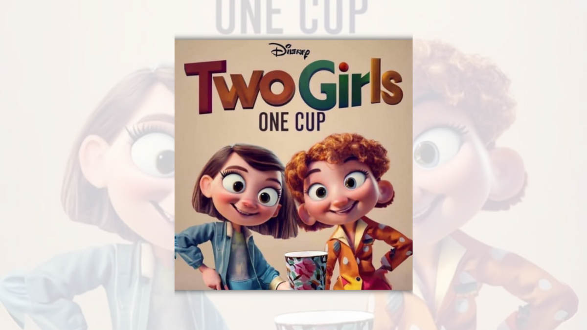 Two white girls are standing next to each other. They are holding a cup, while the other hand is on their hips. Above the girls, the image says, "Two Girls One Cup." What appears to be the Disney logo at first glance is above the words. 