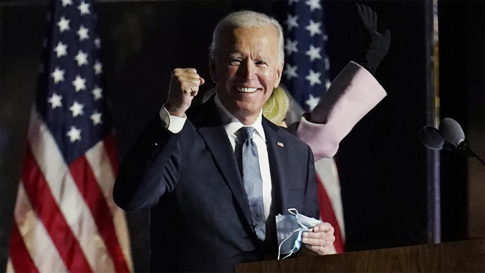 Democratic presidential candidate former Vice President Joe Biden speaks to supporters, early Wednesday, Nov. 4, 2020, in Wilmington, Del. (Paul Sancya/AP)