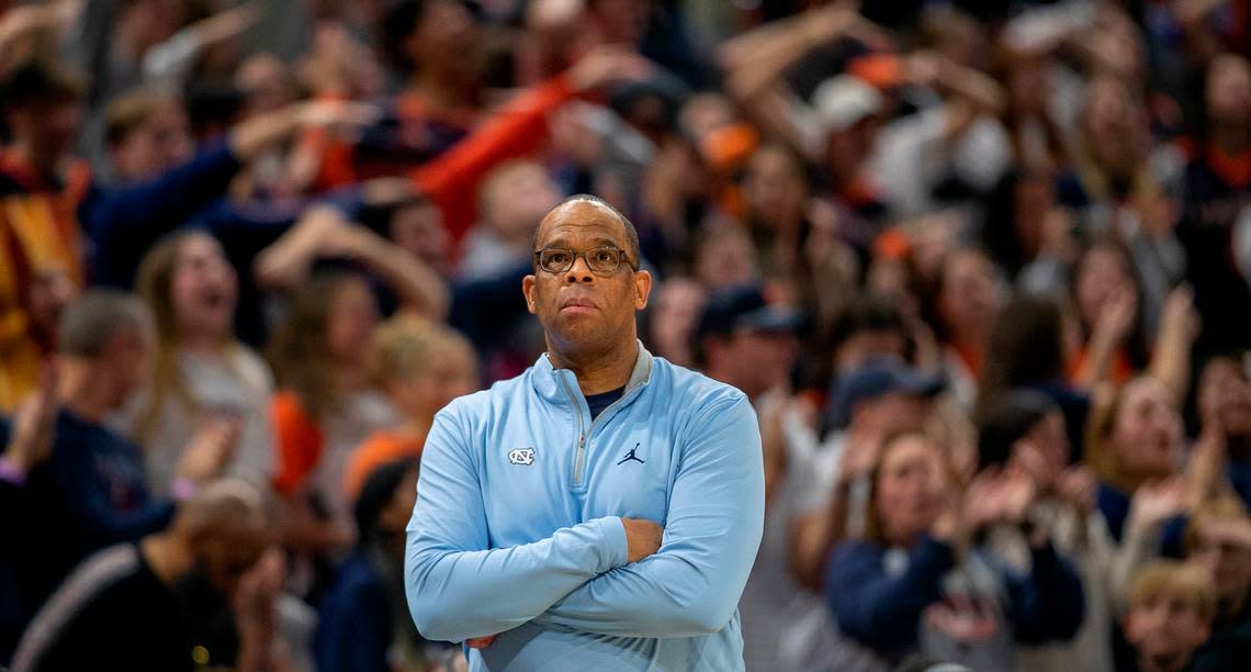 North Carolina coach crosses his arm as Virginia opens a ten point lead over the Tar Heels during the second half on Tuesday, January 10, 2023 at John Paul Jones Arena in Charlottesville, Va.