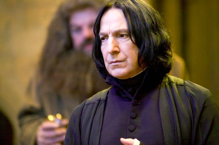 Severus Snape stands in black robes at Hogwarts, behind him Hagrid can be seen