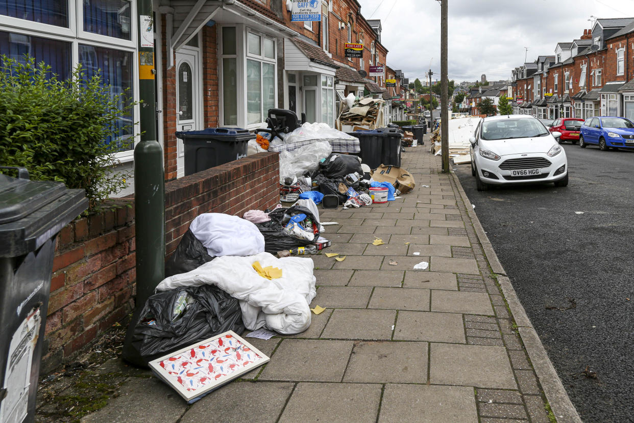 An overflowing bins in Selly Oak, Birmingham. (SWNS)