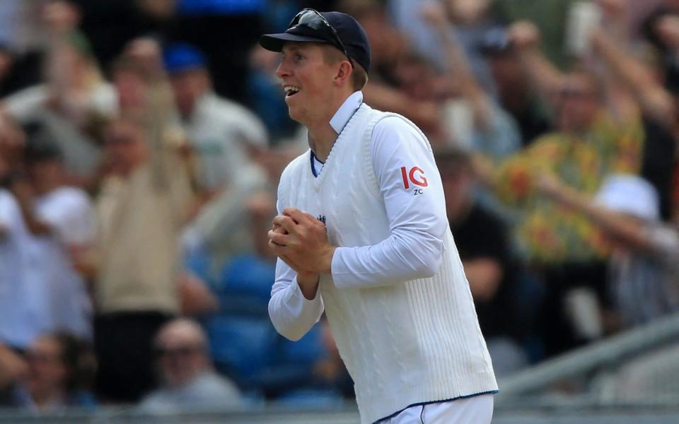 England's Zak Crawley reacts after taking a catch to dismiss New Zealand's Michael Bracewell - LINDSEY PARNABY/AFP via Getty Images