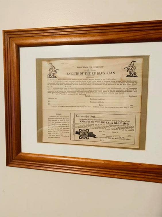 Anderson hung the framed KKK application in his bedroom (Rob Mathis/Facebook)