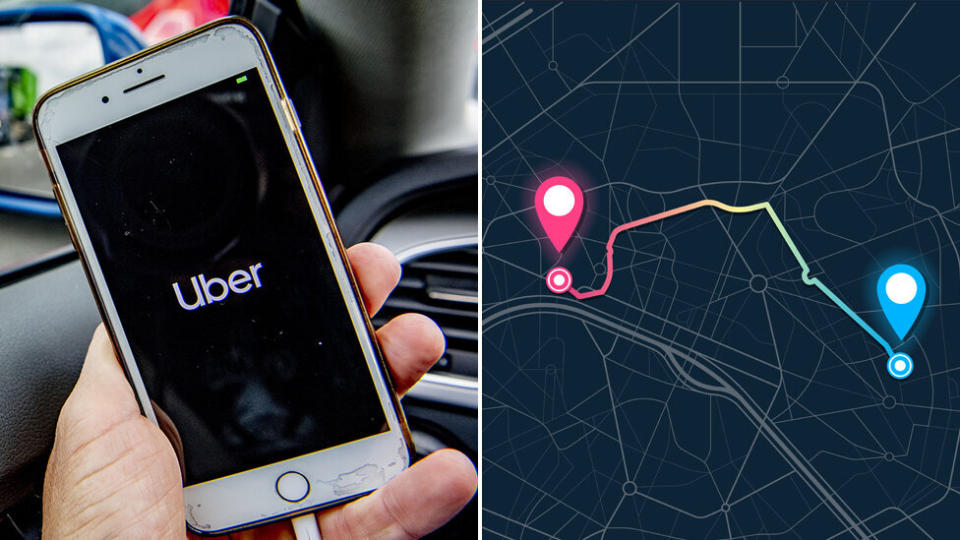 A hand holding a phone with the Uber app open (left) and a location app (right)