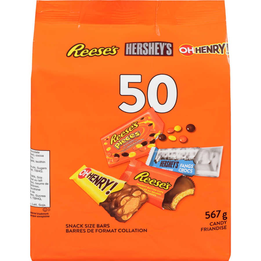 50Ct Assorted Halloween Chocolates And Candies - Includes Reese, Hershey's, And Oh Henry! Snack Sized Candies. Image via Real Canadian Superstore.