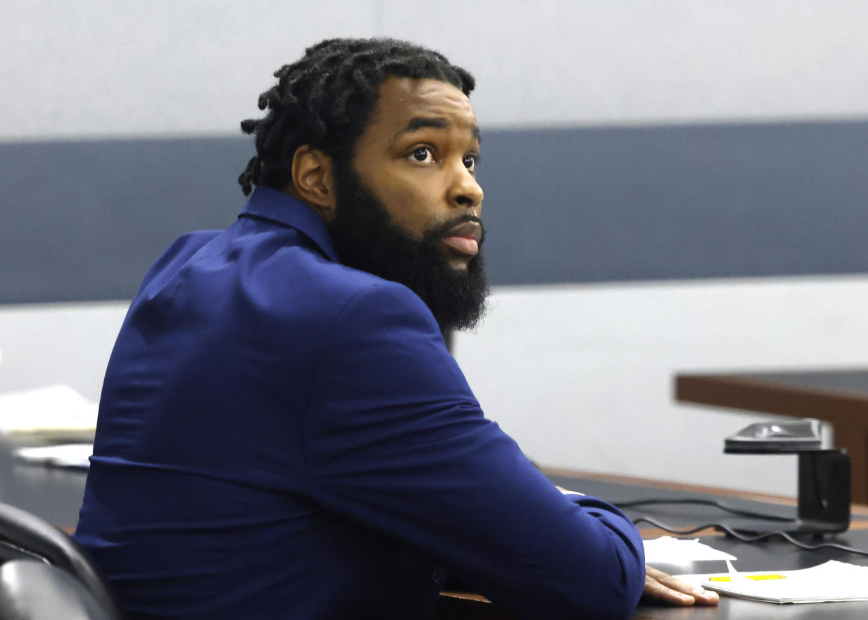 Defendant Deobra Redden, who was captured on video attacking a Las Vegas judge in January, appears in court as Judge Susan Johnson instructs attorneys before Redden's trial at the Regional Justice Center, Wednesday, Sept. 4, 2024, in Las Vegas. (Bizuayehu Tesfaye/Las Vegas Review-Journal via AP)