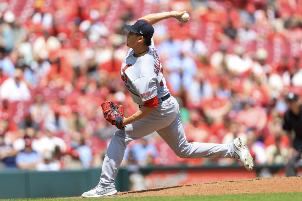 St. Louis Cardinals' Giovanny Gallegos throws during the eighth inning of a baseball game against the Cincinnati Reds in Cincinnati, Thursday, May 25, 2023. (AP Photo/Aaron Doster)