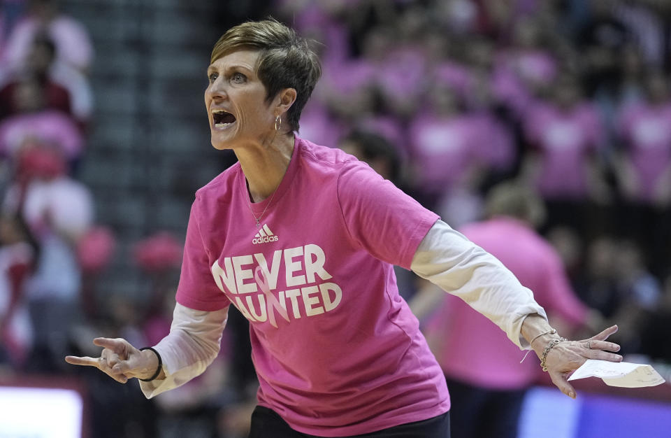 FILE - Indiana coach Teri Moren shouts during the first half of the team's NCAA college basketball game against Iowa, Thursday, Feb. 9, 2023, in Bloomington, Ind. Moren was honored Thursday, March 30 as The Associated Press women's college basketball Coach of the Year. (AP Photo/Darron Cummings, File)